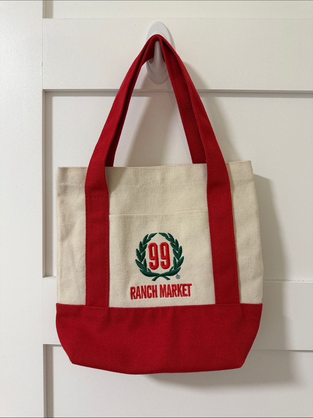 99 Ranch Market Canvas Tote Bag - Red and Cream RARE Double outside pkt